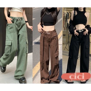 Cici ❣🇹🇭🚚พร้อมส่ง❣(193)Cargo pants กางเกงขายาวทรงคาร์โก้ กิมมิคเข็มขลัด ทรงเท่ห์ใส่แมตช์ง่ายสไตล์y2k