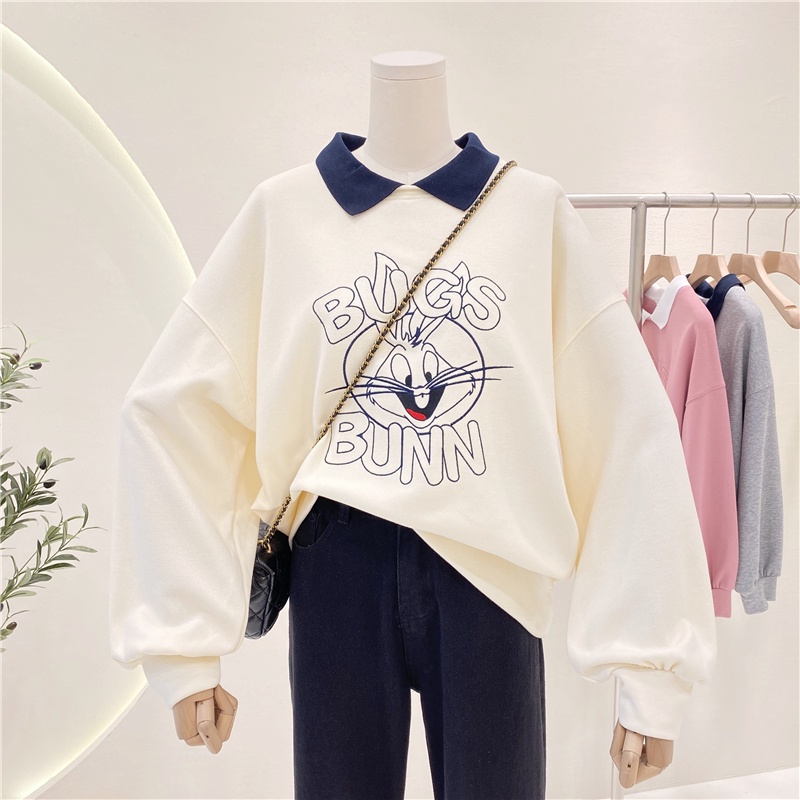 เสื้อกันหนาว-คอปก-ผ้าฝ้าย-100-ปักลายการ์ตูน-พลัสไซซ์-สําหรับผู้หญิง