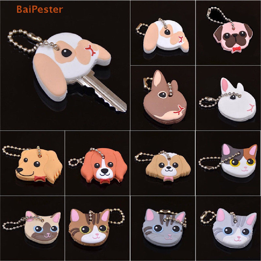 baipester-silicone-puppy-pug-cat-rabbit-key-cover-cap-keychain-key-ring-pvc-key-case-gift