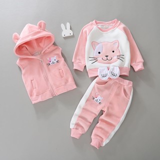 พร้อมส่ง ชุดกันหนาว เซ็ต 3ชิ้น เสื้อ+เสื้อกั๊ก+กางเกง เนื้อผ้าหนา อุ่น ลายแมว น่ารัก