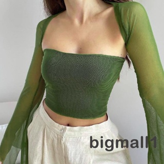 Bigmall- เสื้อครอปท็อปแขนยาว เปิดหลัง เข้ารูป ผ้าตาข่าย สีพื้น แฟชั่นฤดูร้อน สําหรับผู้หญิง 2 ชิ้น