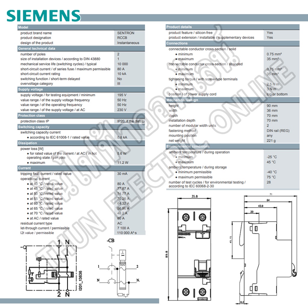 Siemens เบรกเกอร์กันไฟรั่ว 2P 30mA กันดูด RCCB 2P 25A (5SV4312-0) 40A ...