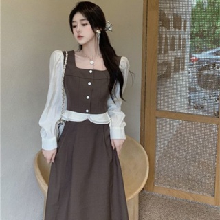 🔥Hot sale💫 Womens new fat mm dress womens retro high-end French stitching slim skirt two-piece ชุด