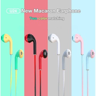 U24 ใหม่ ชุดหูฟัง แบบมีสาย สีมาการอง 3.5 มม. พร้อมไมโครโฟน สําหรับ iPhone Xiaomi Realme Samsung Oppo