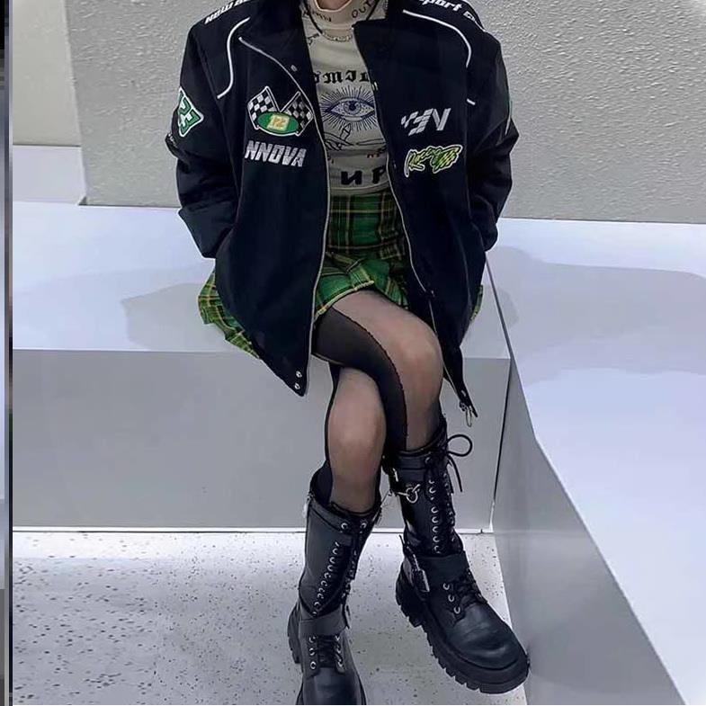 ชุดเบสบอลสไตล์ยุโรปอเมริกาวินเทจสีเขียวฤดูใบไม้ผลิและฤดูใบไม้ร่วงเสื้อโค้ทรุ่นใหม่