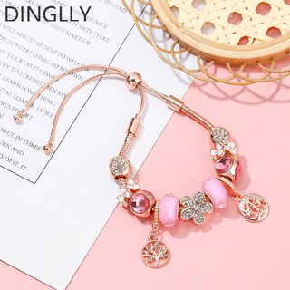 Dinglly สร้อยข้อมือลูกปัดคริสตัล รูปดอกไม้ สีโรสโกลด์ ปรับได้ สําหรับผู้หญิง Diy