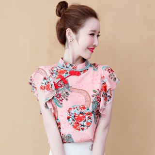✁♘ชุดฤดูร้อนปี 2022 ย้อนยุคสไตล์จีนออกแบบเฉพาะชีฟอง cheongsam ติดกระดุมใบบัวเสื้อลายดอกไม้
