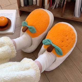 ห้องนอนฤดูหนาวน่ารักใช้ในบ้านรองเท้าแตะผ้าฝ้ายสีส้มพื้นหนากันลื่นรองเท้าขนสัตว์
