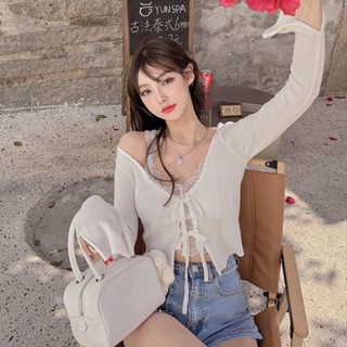 เสื้อคาร์ดิแกนแขนยาว ผ้าเรยอน แบบผูกเชือก สีขาว สุดเซ็กซี่ สไตล์แฟรี่ สําหรับผู้หญิง