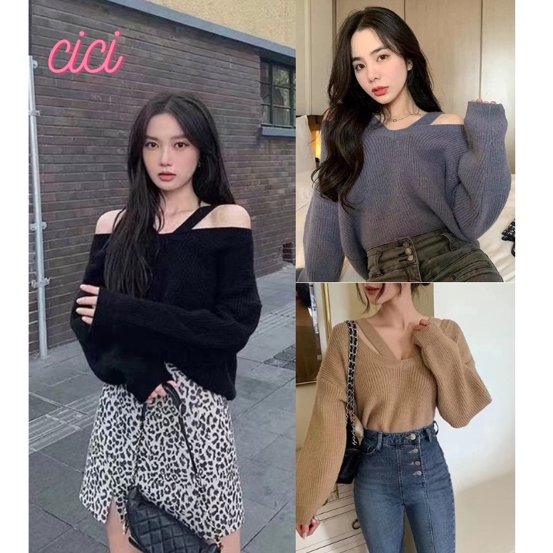 cici-พร้อมส่ง-z20016-เสื้อไหมพรมแขนยาวคอกลม-เพิ่มดีเทลสายไขว้หน้าอกแบบเก๋ๆผ้านิ่มใส่สบายไม่หนา