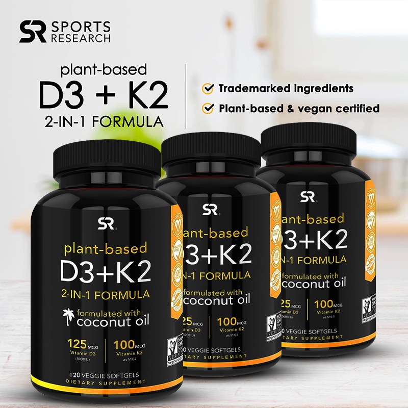Vegan Vitamin D3+K2 Supplement with Organic Coconut Oil5000iu Vitamin