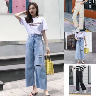 ราคาและรีวิว🛒👖MKL👖🛒 กางเกงยีนส์ผู้หญิง กางเกงยีนส์ขายาว เอวสูง ปลายรุ่ย แต่งขาดขาด้านซ้าย  🚚⚡#8028