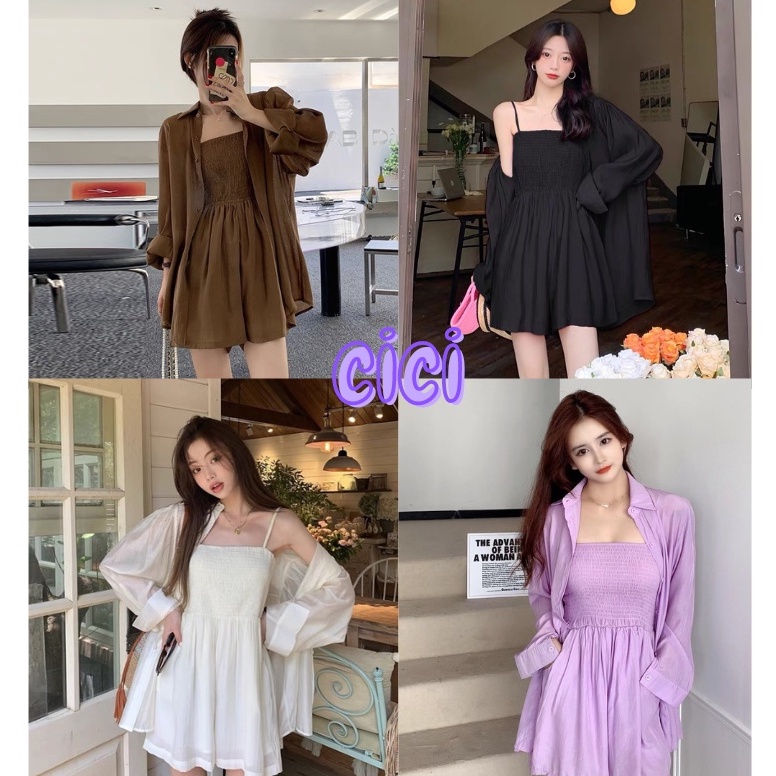 cici-พร้อมส่ง-sst1100-set-2-ชิ้นเสื้อแขนยาว-เดรสสายเดี่ยวกางเกง-setนี้ช่วยพรางหน้าท้องสุดใส่แล้วน่ารักโคเรียเวอร์