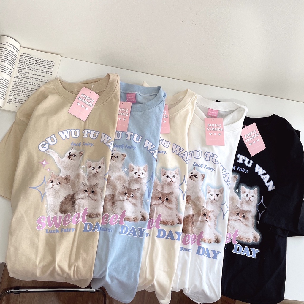 s002-เสื้อยืด-oversize-ผ้าคอตตอน-สไตล์มินิมอล-สกรีน-แมว-sweet-day