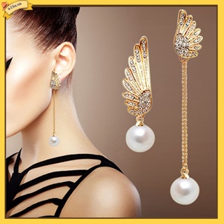 [Athena] Women Chic Angel Wing Rhinestones Faux Pearl Dangle Asymmetric Earrings Eardrops