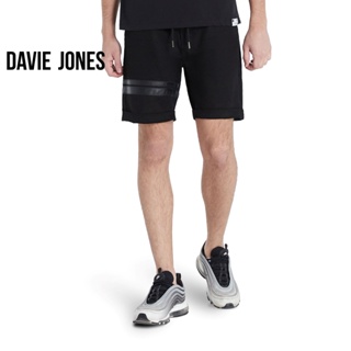 DAVIE JONES กางเกงขาสั้น ผู้ชาย เอวยางยืด สีดำ คาดหนัง Elasticated Shorts in black SH0026BK