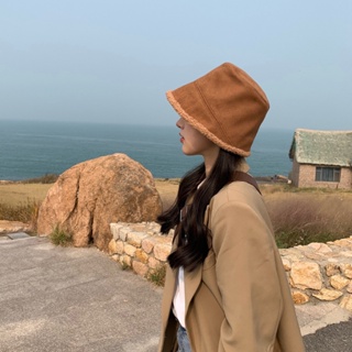 ❧♤♤[ZRSN] หมวกชาวประมงหนังนิ่มเวอร์ชั่นเกาหลีผู้หญิงขนแกะอ่างน้ำหมวกอบอุ่นหมวกน้ำผู้หญิง