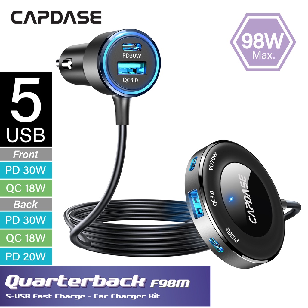 capdase-98w-quarterback-f98m-qc-3-0-pd-3-0-fast-charging-5-usb-car-charger