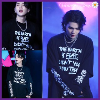 Hitam เสื้อยืดแขนยาว พิมพ์ลาย The Earth is Flat Suga BTS Min Yoongi Bangtan สีดํา แฟชั่นฤดูร้อน 2016 สไตล์เกาหลี