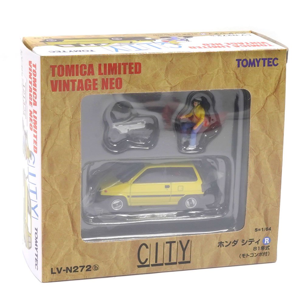 tomytec-4543736316794-1-64-honda-city-r-yellow-with-motocompo-with-rider-figure-1981-diecast-scale-model-car