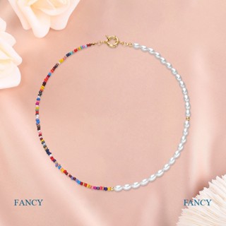 Fancy สร้อยคอโชคเกอร์สั้น ประดับลูกปัดมุก ดอกไม้ สไตล์โบฮีเมียน หลากสี เครื่องประดับสําหรับผู้หญิง