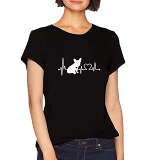 เสื้อโอเวอร์ไซ Kalp atışı karikatür köpek sevimli aşk grafikli tişört Femme o-boyun kısa kollu pamuk tişört kadın üst ge