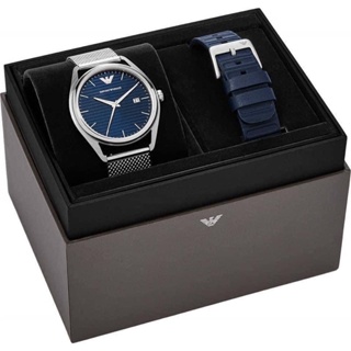 (ผ่อน0%) เซ็ทนาฬิกา Emporio Armani Three-Hand Date Stainless Steel Mesh Watch Set AR80057 41 มม. สายสแตนเลส มีสายหนังแถม