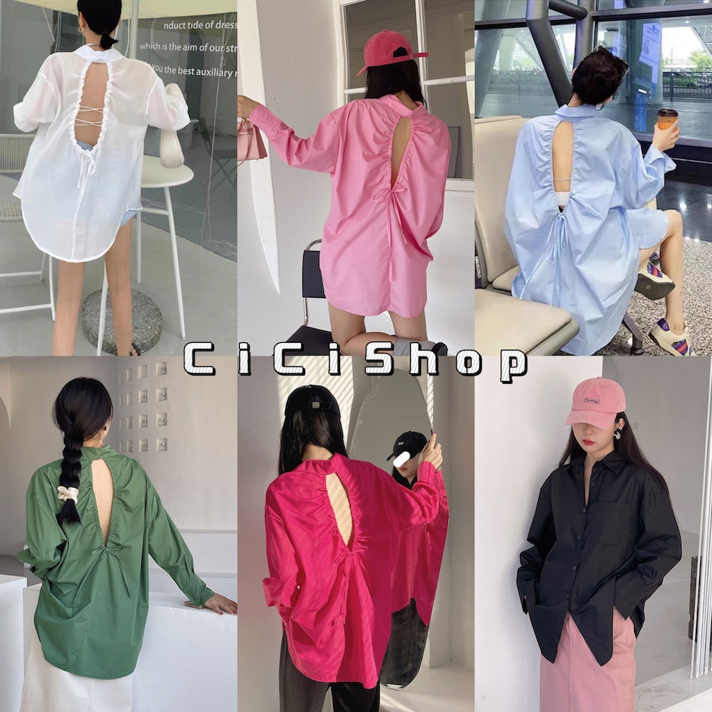 cicishop-3052-เสื้อเชิ้ตแขนยาว-กระดุมหน้าร้าน-แต่งเว้าหลัง-มีสายดูดหลังได้-ใส่คลุม-แมทง่ายเข้าได้กับทุกชุด