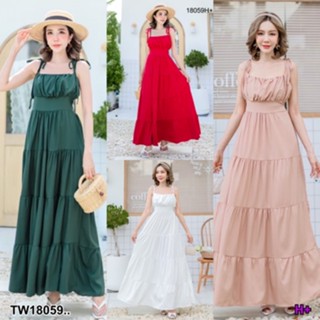 B18059 	แม็กซี่เดรสสายเดี่ยวผูกไหล่ ผุกโบว์ สีพื้น One-shoulder maxi dress with bow, solid color