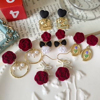 2022 New Handmade Wine Red Velvet Rose Earrings French Retro Style Flower Earrings