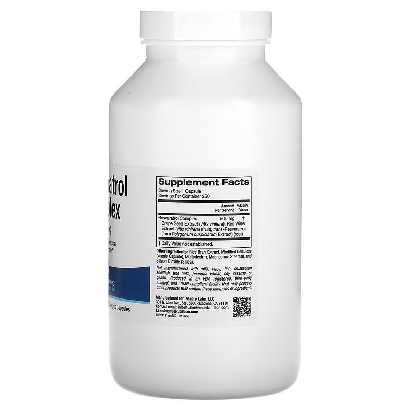 ภาพสินค้าLake Avenue Nutrition, Resveratrol Complex, 500 mg, 250 Veggie Capsules ช่วยชะลอความเสื่อมของเซลล์ จากร้าน eucerinthiiland บน Shopee ภาพที่ 2