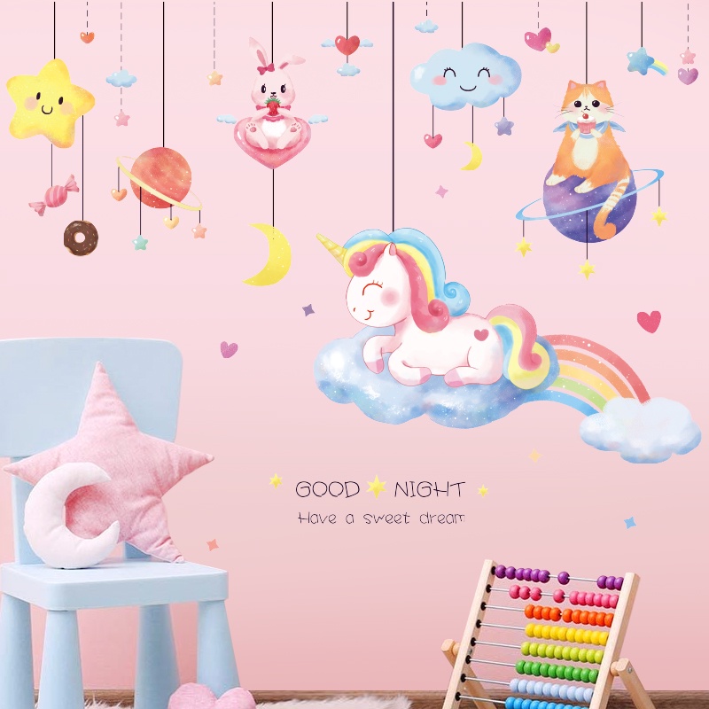 zooyoo-สติ๊กเกอร์ติดผนัง-สีชมพูพื้นหลังยูนิคอร์นสติ๊กเกอร์ติดผนังตกแต่งสติ๊กเกอร์ตกแต่งห้องเรียนอนุบาล