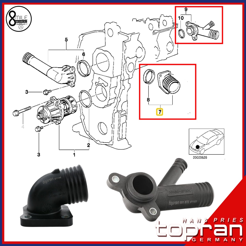 bmw-ท่อพลาสติกข้างเครื่องตัวยาว-ท่อพลาสติกหลังเครื่องตัวสั้น-ข้อต่อตัวบน-รุ่น-e36-e34-เครื่อง-m54-316i-518i-topran