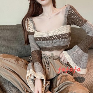 Fafa-เสื้อสเวตเตอร์ถัก แขนยาว สีตัดกัน สไตล์สตรีท สําหรับสตรี ไปคลับ