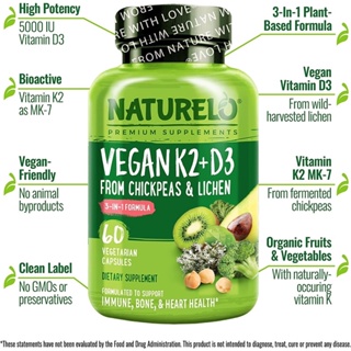 NATURELO, Vitamin K2 + D3, From Chickpeas &amp; Lichen, 60 Vegetarian Capsules