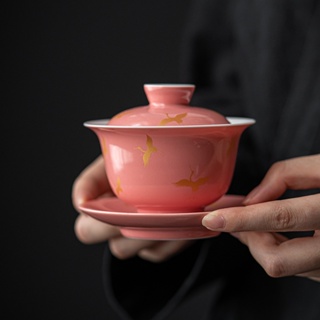 Pink Glaze Crane Sancai Gaiwan ถ้วยชาเซรามิค แฮนด์เมด พร้อมฝาปิด กันลวก ของใช้ในครัวเรือน [A037]