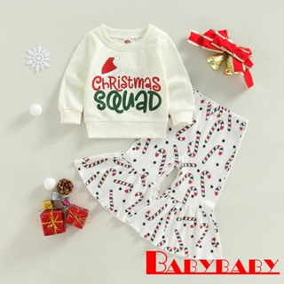 Babybaby- คริสต์มาส เด็กผู้หญิง พิมพ์ลายตัวอักษร เสื้อกันหนาวแขนยาว + ชุดกางเกงบาน