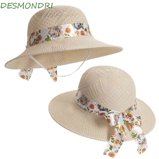 Desmondri ผู้หญิง หมวกกันแดด ริบบิ้น โบ หมวกบังแดด กลางแจ้ง ป้องกันรังสียูวี พร้อมเชือกเส้นเล็กลม ปีกกว้าง