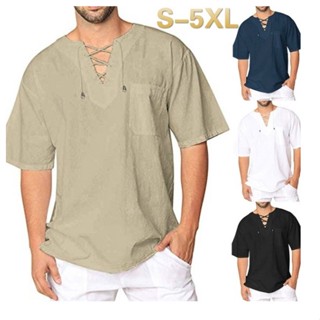 เสื้อยืดแขนสั้นลําลอง ผ้าฝ้าย และผ้าลินิน ทรงหลวม แต่งลูกไม้ สําหรับผู้ชาย XX127