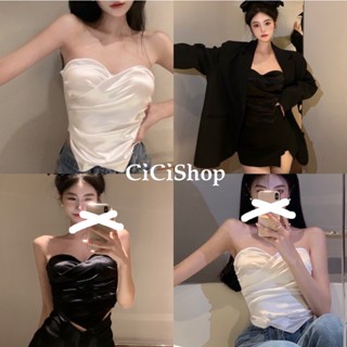 Cicishop(016)เสื้อเกาะอก ผ้าซาติน มีฟองน้ำสม็อคหลัง มีสายแถมให้ สามารถถอดใส่ได้ ดูแพง รัดรูปเก็บทรงดีมาก สวยมากแม่