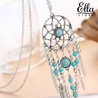 Ellastore123 เครื่องประดับ สร้อยคอโซ่ จี้ตาข่ายดักฝัน ประดับขนนก สีเขียวขุ่น สําหรับผู้หญิง