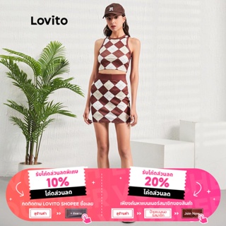 ภาพขนาดย่อของภาพหน้าปกสินค้าLovito ชุดเสื้อแขนกุด สกินนี่ กระโปรงลายตาราง L07120 (สีกาแฟ) จากร้าน lovito.th บน Shopee