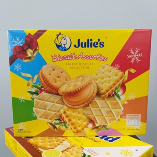 Julies Biscuit  Assorties บิสกิต แอสซอร์ททรีส์ ขนมปังกรอบสอดไส้ครีม 3 รสชาติ และวาฟเฟิลอบกรอบรสเนย ขนาด 192 กรัม