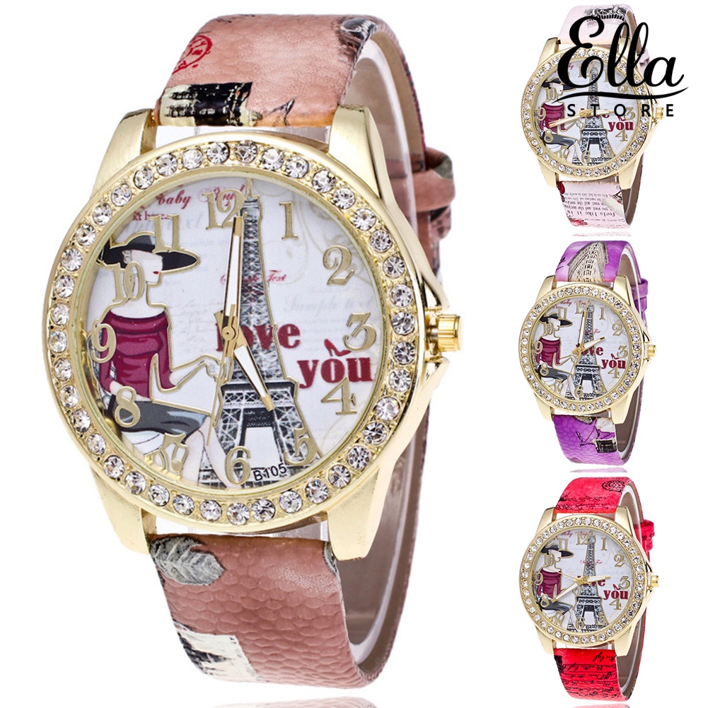 ellastore123-นาฬิกาข้อมือควอตซ์-อะนาล็อก-หน้าปัดทรงกลม-ฝังพลอยเทียม-ตัวเลขอาหรับ-สําหรับผู้หญิง