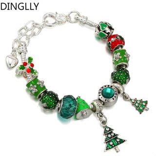 Dinglly กําไลข้อมือ ลูกปัดสีเขียว ต้นคริสต์มาส จี้กวางเรนเดียร์ สีเงิน สําหรับผู้หญิง Diy