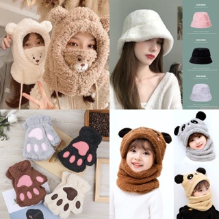 [Women & Unisex] หมวกบีนนี่ผ้าพันคอแฟชั่นลายหูหมีน่ารักให้ความอบอุ่น [Unisex] [หมวกกันหนาวแบบสามอินวัน ] [หมวกกันลม]