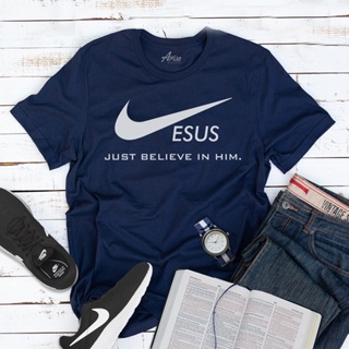 Just Believe in Him Jesus Christ T-Shirt เสื้อคู่รัก เสื้อสีขาว เสื้อครอปสายฝอ