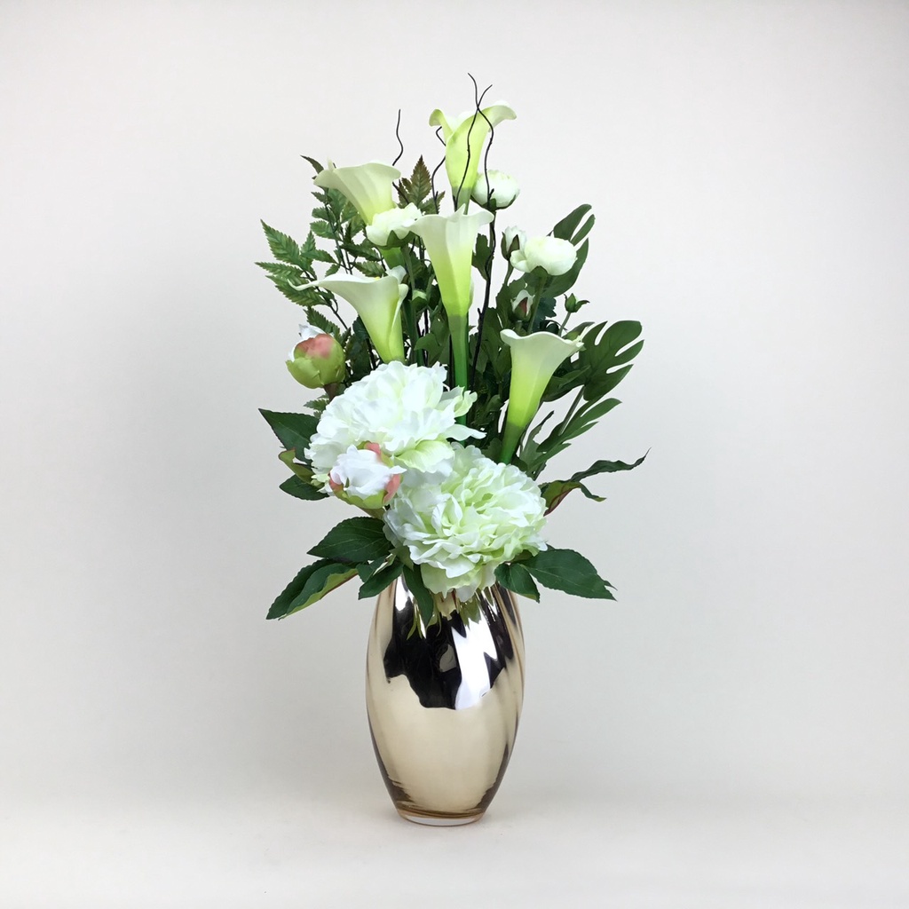 แจกันดอกไม้ประดิษฐ์รวมโทนสีขาวเขียว-ดอกไม้ปลอมพร้อมแจกัน-ดอกไม้ประดิษฐ์ตกแต่งบ้าน