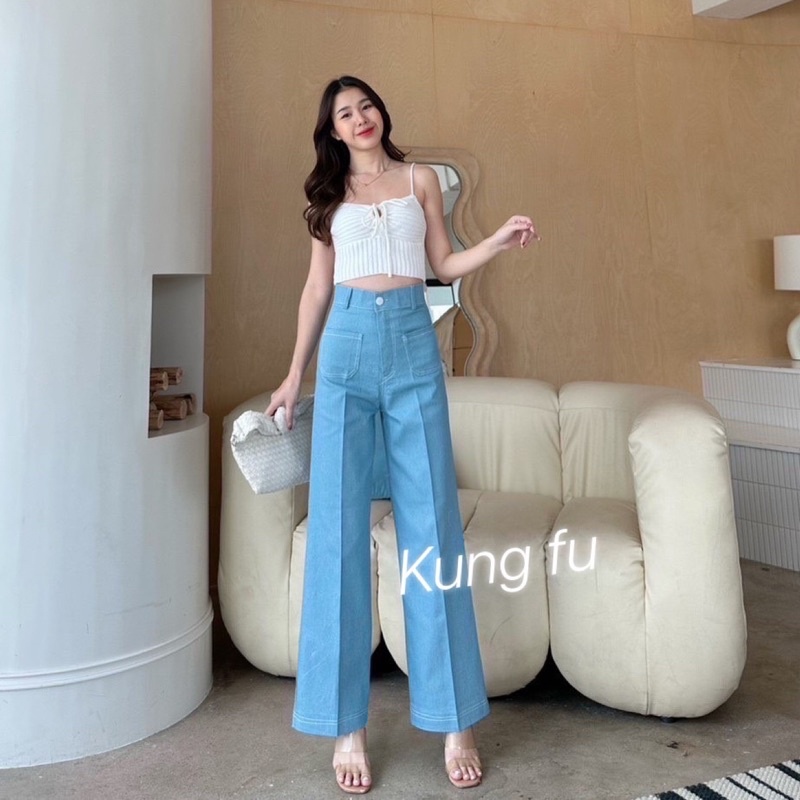 กางเกงยีนส์-ผ้ายืด-ทรงขากระบอกเอวสูงแนวมินิมอล-ทรงสวยมากๆ