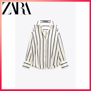 Zara ฤดูใบไม้ร่วงและฤดูหนาว ใหม่ เสื้อผ้าผู้หญิง ลายทาง หลวม ผ้าไหมซาติน เนื้อเสื้อเชิ้ต ผ้าเดรป